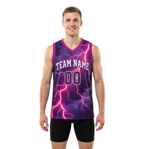 Ensemble d'uniformes de basketball Lightning pour hommes, maillot de sublimation 100 % polyester respirant à séchage rapide, short uni ajusté sans manches en V - Product Image 1