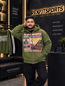 REXFITSPORTS 2026 – Sweat à capuche zippé vert olive pour homme, streetwear personnalisé en molleton avec manches texturées - Product Image 2