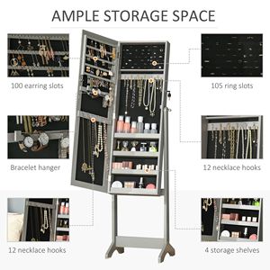 "Lockable <b>Grey</b> Jewelry <b>Cabinet</b> with Full-Length Mirror & 4 Adjustable Angles-Floor Standing Organizer" - Product Image 4