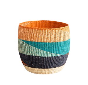 Artisan Crafted Natural Seagrass <b>Basket</b> with Orange Rim Wave Design Storage Laundry <b>Hamper</b> Bin with Upright Handles New - Product Image 1