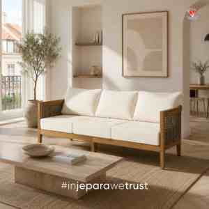 Sofá de 3 Plazas de Estilo Europeo, Tejido con Cuerda de Madera de Teca Sólida, Muebles Modernos Minimalistas para Sala de Estar, Villa, Hotel, Apartamento - Product Image 1