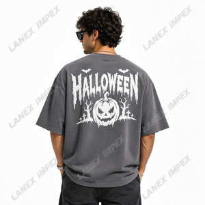 Custom Halloween Graphic T Shirt 3D Puff Print Pumpkin Bat Graveyard Design Grey Oversized Cotton <b>Tee</b> for Men Women Streetwear - Product Image 4