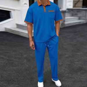 Men's Summer Casual Two Piece <b>Set</b> Solid Color <b>Knitted</b> Cotton Polo Shirt and Pants Breathable Lightweight Comfortable Wear - Product Image 4