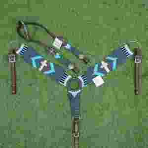 Conjunto de cabezada y pechera de mohair, gris oscuro, azul cielo, beige, con cincha de cuero argentino - Product Image 2