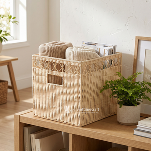 Natural Woven Rattan Eco-Friendly Classical Square Storage <b>Basket</b> with Handle for Home Office <b>Shelf</b> Organizer - Product Image 3