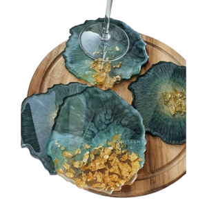 <b>Epoxy</b> <b>Resin</b> Coaster Set Handmade Agate Style Teal Green Geode Drink Cup Mat With Gold Foil For Home Hotel Wedding <b>Table</b> Decor - Product Image 1
