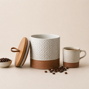 Artisan Ceramic <b>Kitchen</b> Canister Wooden Seal Lid Textured <b>Storage</b> Jar Freshness Lock Counter Organizer Luxury Farmhouse Accent - Product Image 1