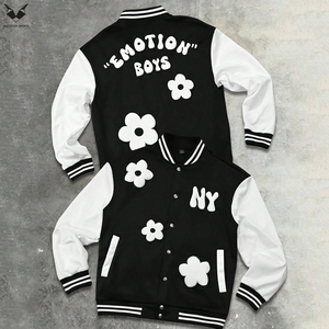 New Design Flower Patch Varsity Jacket Black White Men Streetwear Floral Embroidery Letterman Jacket Custom Baseball Team Wear - Product Image 5
