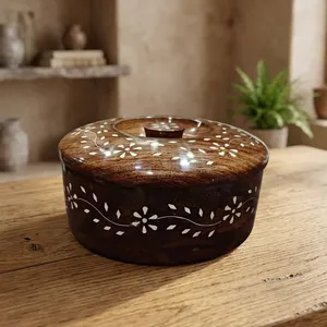 Handcrafted Rustic Wooden Spice <b>Box</b> <b>Floral</b> Inlay Lid Eco-Friendly Air Tight Food Storage Bohemian Design Kitchen Organizer - Product Image 1