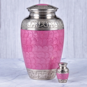 Urna Funeraria de Latón con Diseño Floral Rosa y Plateado, Superficie Pulida, para Cenizas Humanas, Recuerdo Funerario y Entierro - Product Image 2