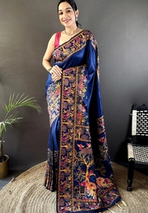 Sari en soie pure Kanjivaram tissé traditionnel KV (bleu) pour les fêtes - Product Image 6