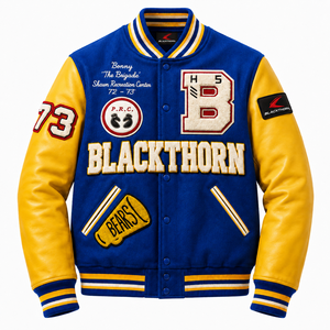 Blouson universitaire pour homme en laine avec logo brodé et motif dessin animé sur le devant, col à revers, pour l'hiver, vente en gros OEM - Product Image 6