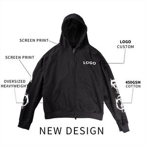 Sweat à capuche zippé surdimensionné pour homme, en coton épais 450g, délavé à l'acide, avec broderie, patch et impression sérigraphiée personnalisée - Product Image 4