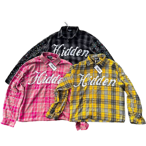 Chemises 2026 personnalisées avec broderie de logo, pierres précieuses, rivets, boutons, chemises à carreaux en coton, chemise en flanelle à manches longues pour hommes - Product Image 1