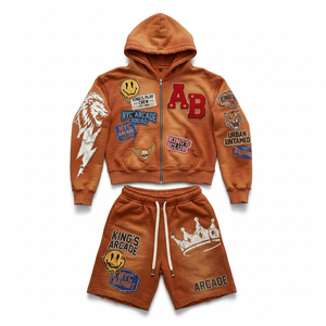 Conjunto de Sudadera con Capucha y Pantalones Cortos Unisex Personalizado, Estilo Vintage Desgastado, con Apliques y Parches, Diseño Gráfico Urbano, Fabricante OEM ODM, Marca Privada, B2B - Product Image 1