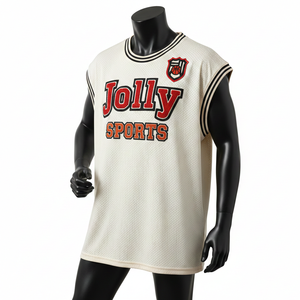 Maillot de basket en mesh GSM pour homme, blanc, avec bordure côtelée, sans manches, logo personnalisé brodé, 100% coton, coupe ample, imprimé. - Product Image 1