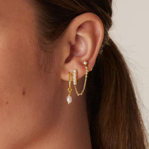 Boucles d'oreilles créoles Huggie plaquées or rose 14K pour doubles piercings, boucles d'oreilles chaîne en argent 925 pour femmes, boucles d'oreilles clous et manchettes d'oreille - Product Image 5