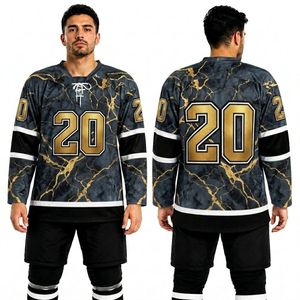 Elegantes camisetas de hockey sobre hielo con efecto mármol dorado, profesionales, de 190 g/m², antipilling, para sublimación. - Product Image 1