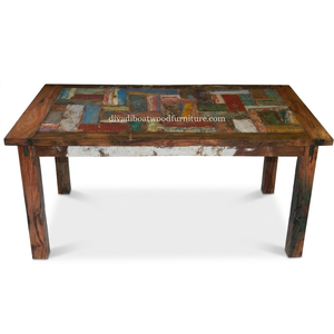 Mesa de comedor DIVADI estilo Java, patchwork, desmontable, de madera recuperada de embarcaciones, diseño sostenible, ecológico, para interiores y exteriores. - Product Image 5