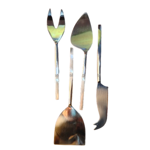 4-Piece Slim-<b>Handle</b> Artisan Cheese Set Pronged fork, heart-shaped knife, flat <b>shovel</b>, and spreader with slim, organic <b>handles</b>. - Product Image 1