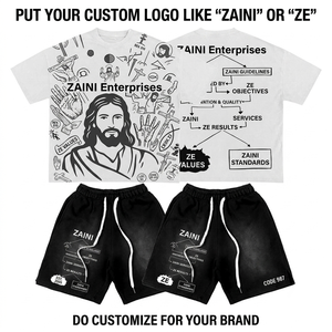 Ensemble T-shirt et short décontracté en polyester épais 220 GSM, respirant, blanc et noir, avec logo personnalisé en relief, broderie à la main, marque privée - Product Image 1