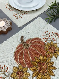 Luxury Hand <b>Beaded</b> Pumpkin <b>Placemat</b> with Floral Harvest Design Handmade Seed Bead Table Mat Thanksgiving Fall Decor - Product Image 2