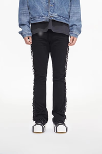 Jean en denim pour homme de haute qualité en coton, marque américaine Highstreet, confortable, taille mi-haute, coupe évasée, avec pompons et perles, délavage noir - Product Image 1