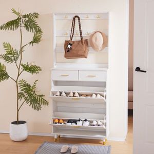 Armadio Bianco per Ingresso/Camera da Letto con Asta Appendiabiti, Scarpiera Semplice, Cassetti, Ripiani e Maniglie, con Scarpiera Inclusa - Product Image 6