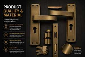 Juego de Manijas de Puerta Modernas de Bronce Cepillado con Cerradura de Cilindro y Llaves, Herrajes para Puerta de Entrada, Diseño Contemporáneo, Ambidiestro, para Baño - Product Image 3