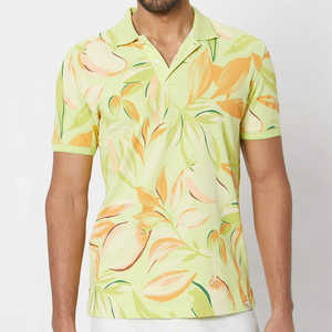 Polo para Hombre con Estampado de Hojas Botánicas Tropicales, Colección Verano 2026, Verde Lima y Naranja, Cuello en V Relajado, Ropa Casual HD - Product Image 1