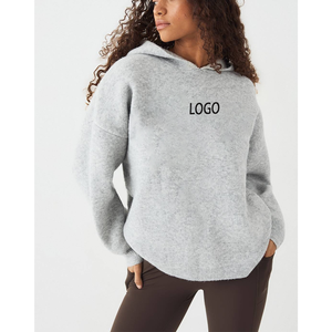 Sudadera con capucha de punto sin cordones para mujer, de peso pesado, transpirable, teñido liso, de manga larga, para primavera, top deportivo con capucha - Product Image 4