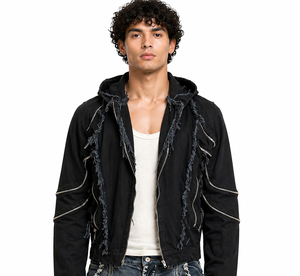 Mens Black Distressed Hooded <b>Jacket</b> Streetwear Zip Up Hoodie <b>Jacket</b> Frayed Edge Designer Outerwear <b>Slim</b> <b>Fit</b> Urban Fashion <b>Jacket</b> - Product Image 1