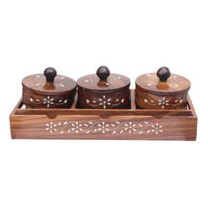 Wooden <b>Spice</b> <b>Jar</b> Set With Lid Handcrafted Traditional Chinese Design Airtight Kitchen Storage 3 Pieces Round Divided Tray - Product Image 1