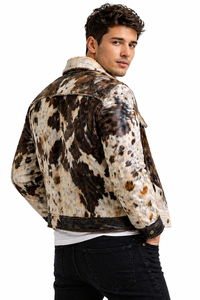 Veste en cuir de vachette marron et blanc pour homme, design personnalisé, col rabattu, doublure en fourrure, hiver, décontractée, épaisse, design patchwork - Product Image 2