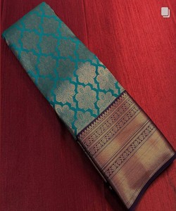 Sari tradicional indio de seda con borde decorado para bodas, estilo Banarasi, largo hasta el suelo, para mujeres, de la India y Pakistán. - Product Image 3