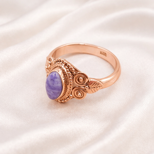 Anillo Boho Vintage Hecho a Mano con Cabujón Marquise de Charoita Natural y Plata de Ley 925, Joyería para Mujer y Unisex - Product Image 2