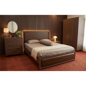 Modern Wooden Bedroom Set Queen <b>Size</b> Leather <b>Bed</b> With Lighted <b>Headboard</b> And Matching Furniture - Product Image 6