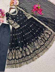 Robe Anarkali noire brodée à manches longues, longueur cheville, avec dupatta, tenue traditionnelle indienne et pakistanaise pour femmes - Product Image 5
