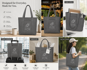 Sac fourre-tout en toile de coton gris avec fermeture éclair, pour le shopping et les voyages, motif feuilles 'Live Simply Bloom Wildly', 36x40x12 cm, capacité 17-20L - Product Image 4