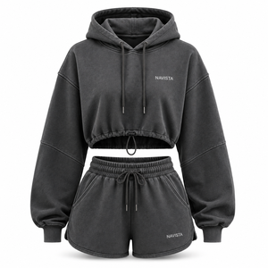 Custom Women's Solid Above Knee <b>Crop</b> <b>Top</b> 2-Piece Hoodie Shorts Set Elastic Waist 100% Cotton Fleece Breathable All Seasons - Product Image 1