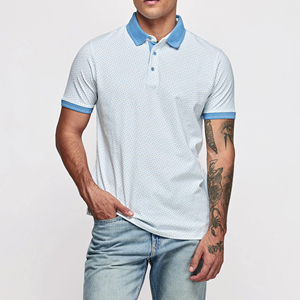Camisa Polo de Manga Corta para Hombre, Estampado Geométrico Azul Claro, Algodón Oxford, Casual, Transpirable, Corte Regular - Product Image 1