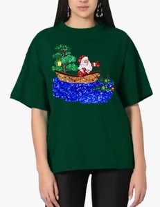 เสื้อยืดผู้หญิงสีเขียวพิมพ์ลายเรือซานต้าคริสต์มาส ทรงหลวม คอกลม แขนสั้น ผ้าฝ้าย สไตล์ลำลองสำหรับฤดูหนาว - Product Image 1
