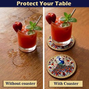 Royal Peacock Design <b>Wooden</b> Coasters Set of 6 with Folding Box Holder Round Heat Resistant <b>Table</b> <b>Mats</b> Oriental Style - Product Image 5