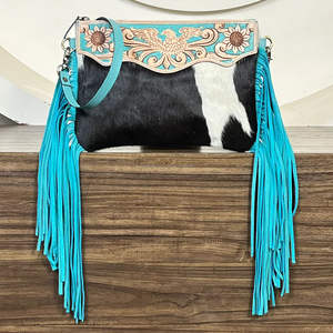 Hair on Cowhide Leather Crossbody Shoulder Bags With Fringes New Boho Style Tooled Turquoise Leather Women's Purse Gift for Her - Product Image 4