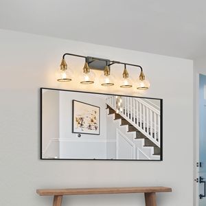 40\" Modern 5-<b>Light</b> Bathroom Vanity Wall <b>Sconce</b> Industrial Black Gold <b>Light</b> Fixture Clear Glass Shades Wall Mounted Lighting - Product Image 1