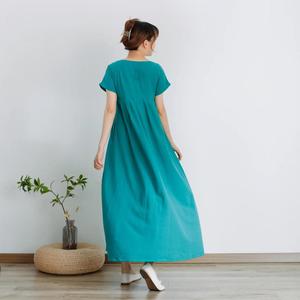 Vestido Maxi de Lino y Algodón Turquesa para Mujer, Cuello Redondo, Corte Holgado, Estilo Casual de Verano - Product Image 4