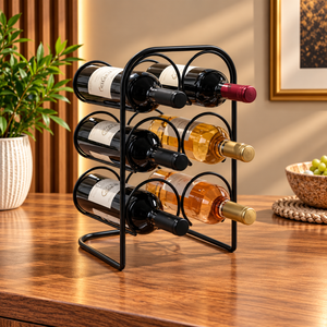Présentoir à six bouteilles de vin avec support circulaire, finition métal noir, sur pied, pour comptoir - Product Image 1