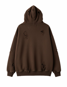 Sudadera con capucha unisex marrón vintage lavada y desgastada con cremallera, ajuste regular, forro polar rasgado, estilo urbano, con bolsillos, 100% algodón - Product Image 4