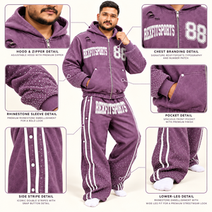 REXFITSPORTS Nouvel ensemble deux pièces streetwear pour homme : sweat à capuche zippé violet personnalisé avec strass et pantalon large - Product Image 6