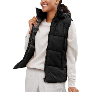 Trending Women's <b>Hooded</b> Puffer Vest Solid Color Zipper Closure Casual Outerwear Windproof Polyester Filling Regular Length - Product Image 1